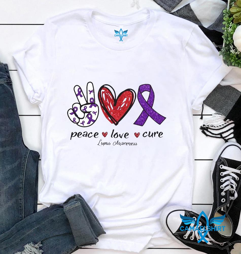Forberedelse Hævde barbermaskine Lupus Awareness peace love cure ribbon heart hand t-shirt