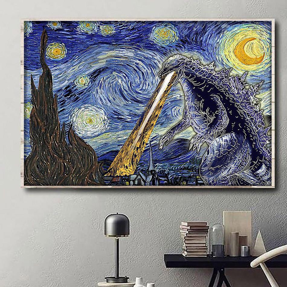 Pebish Mechanisch opstelling Godzilla Starry Night poster canvas, wall poster, wrapped canvas
